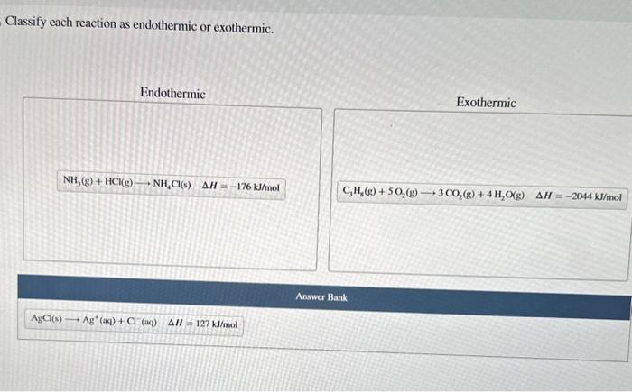 Classify each reaction as endothermic or exothermic