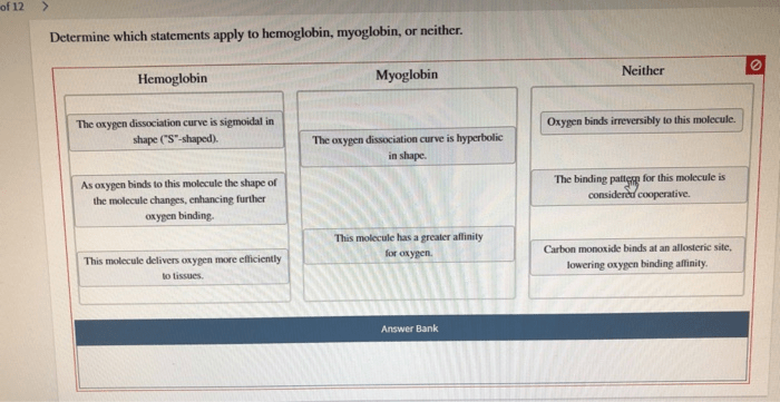 Determine which statements apply to hemoglobin myoglobin or neither